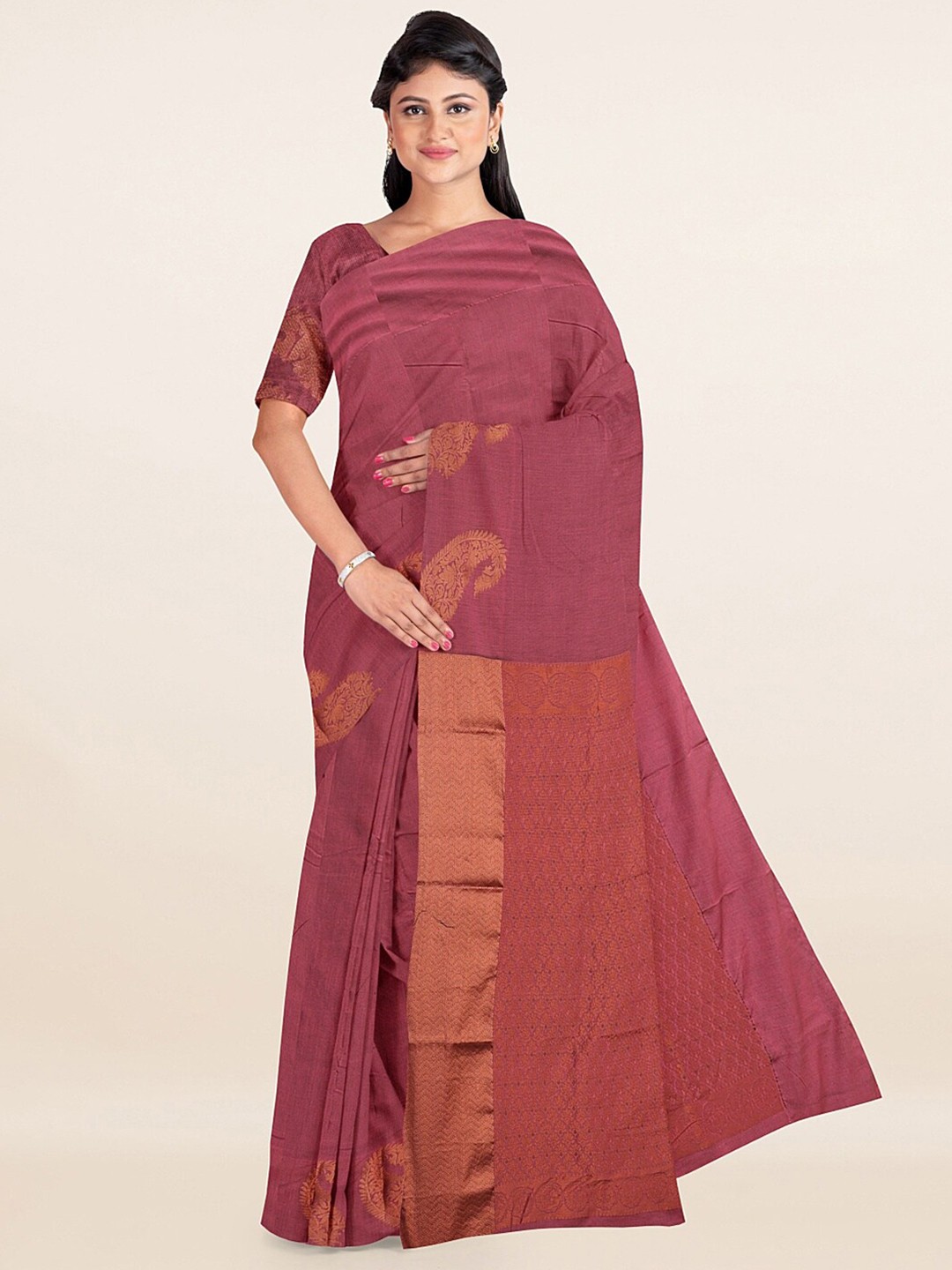 

Pothys Pink & Golden Solid Silk Cotton Saree