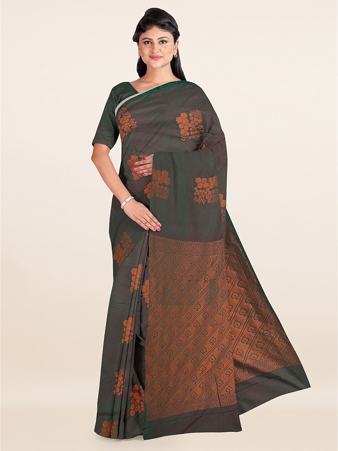 

Pothys Green & Bronze-Toned Woven Design Zari Silk Cotton Saree