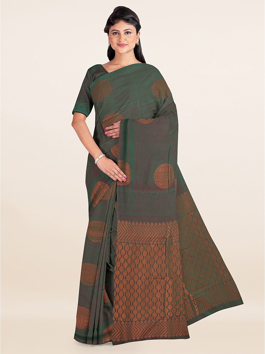 

Pothys Green & Gold-Toned Ethnic Motifs Zari Silk Cotton Saree