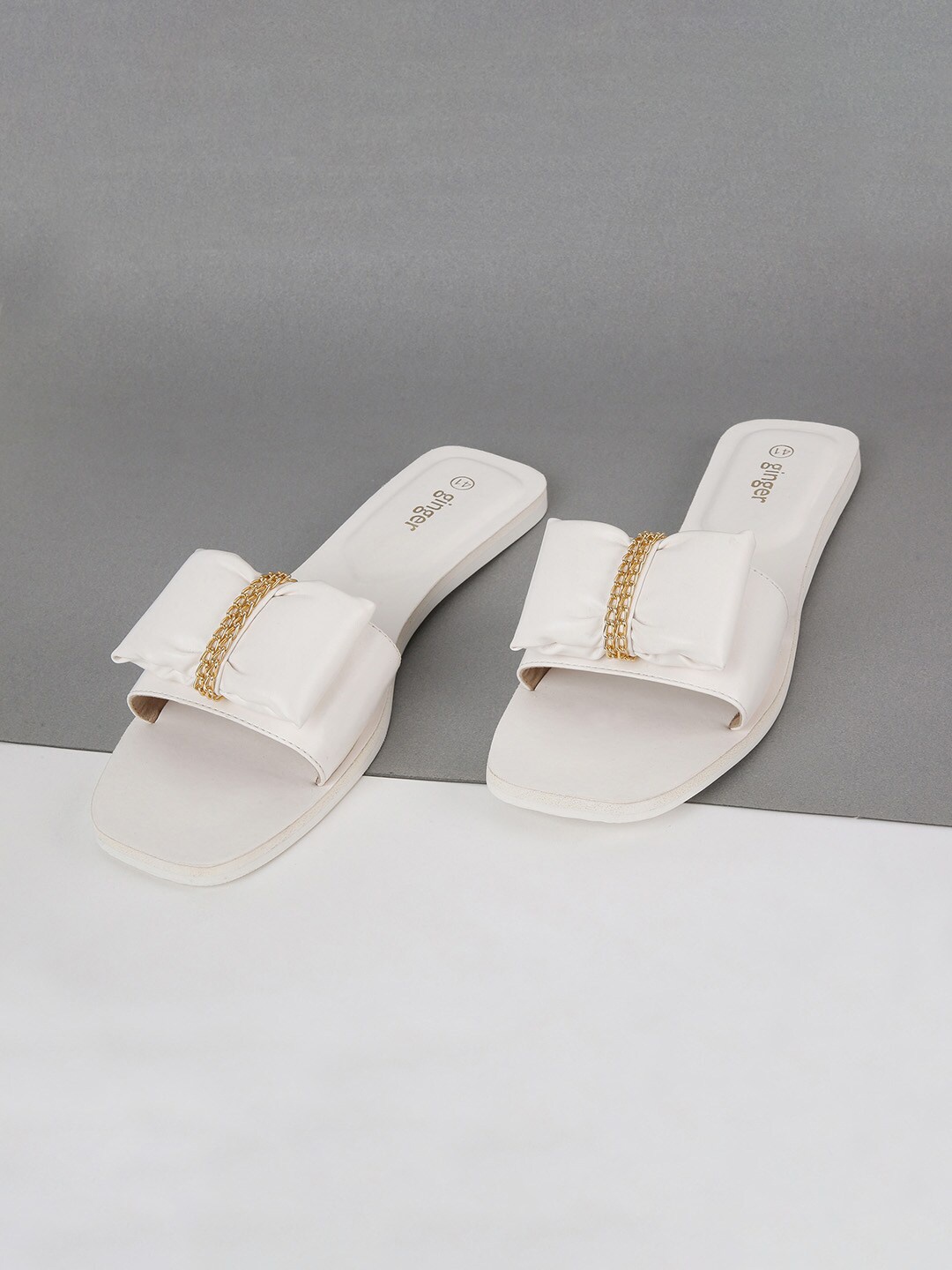 

Ginger by Lifestyle Women White Embellished Open Toe Flats with Bows