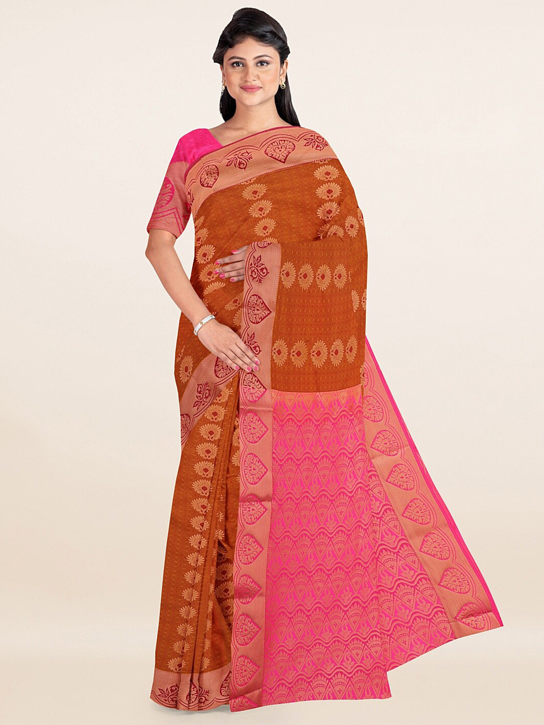 

Pothys Rust Brown & Pink Ethnic Motifs Woven Design Saree