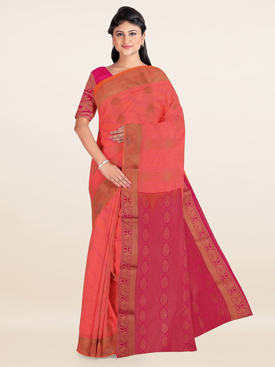 

Pothys Pink & Gold-Toned Ethnic Motifs Zari Art Silk Saree