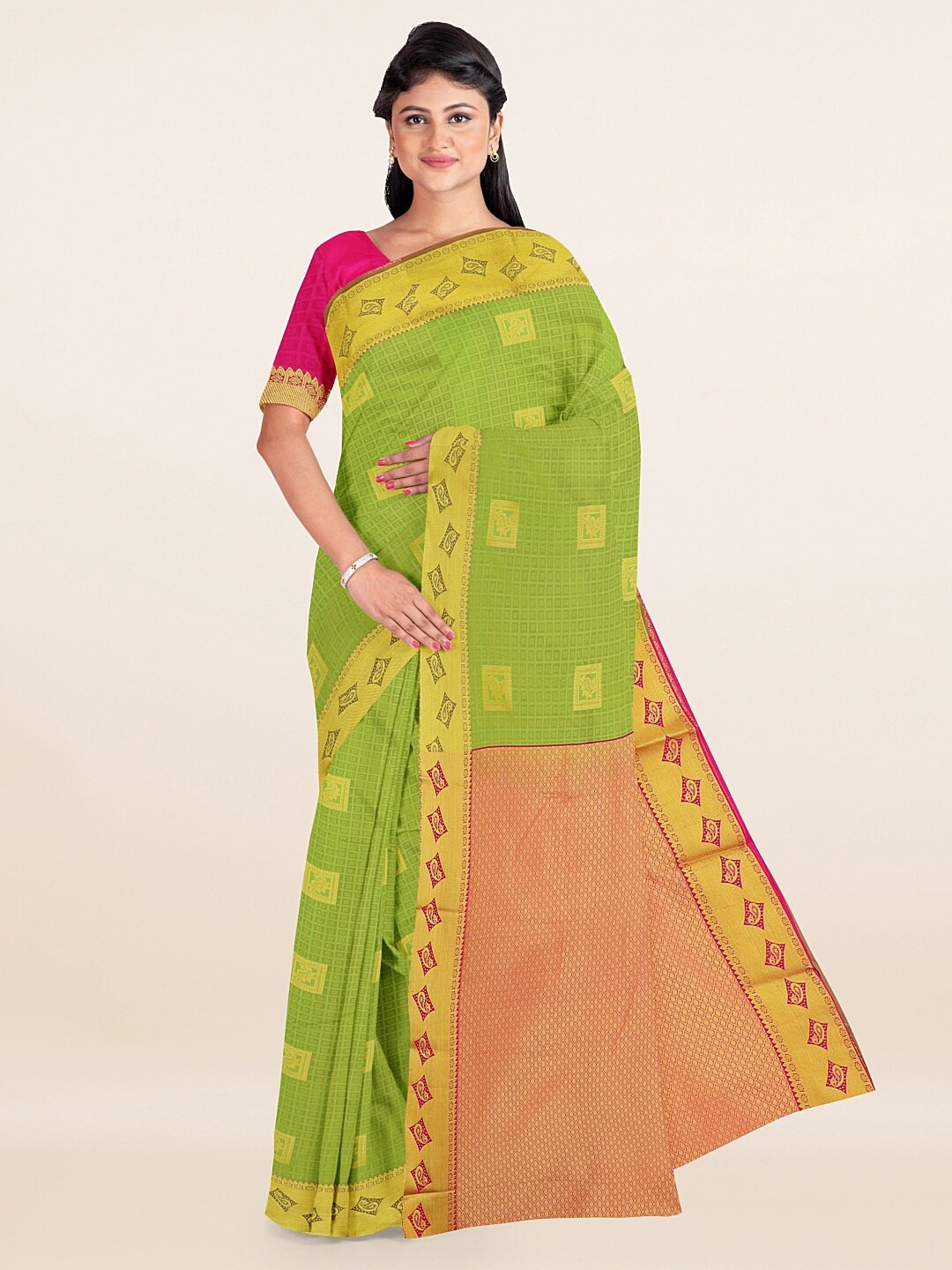 

Pothys Green & Pink Ethnic Motifs Art Silk Saree