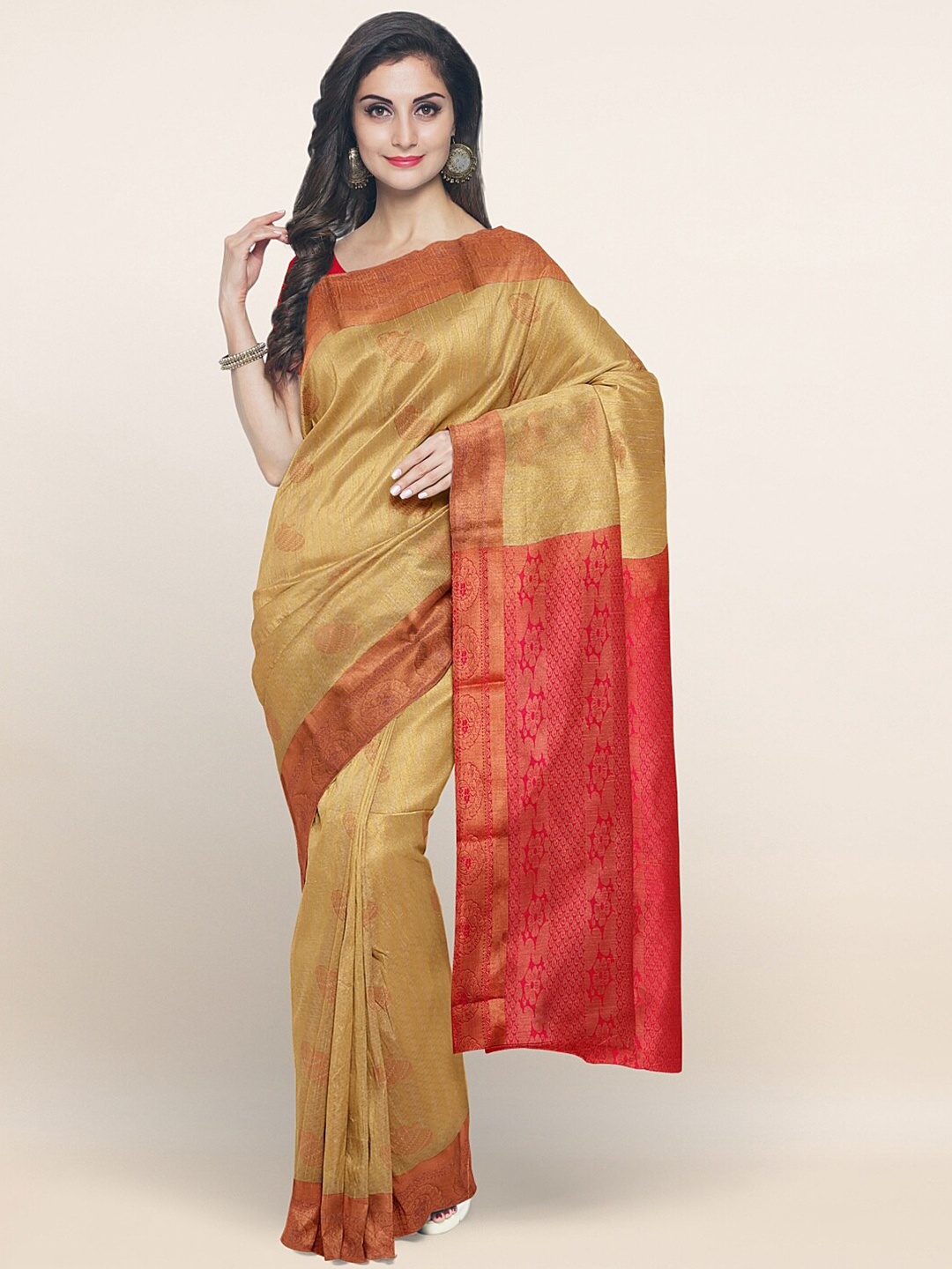 

Pothys Gold-Toned & Magenta Floral Zari Art Silk Saree