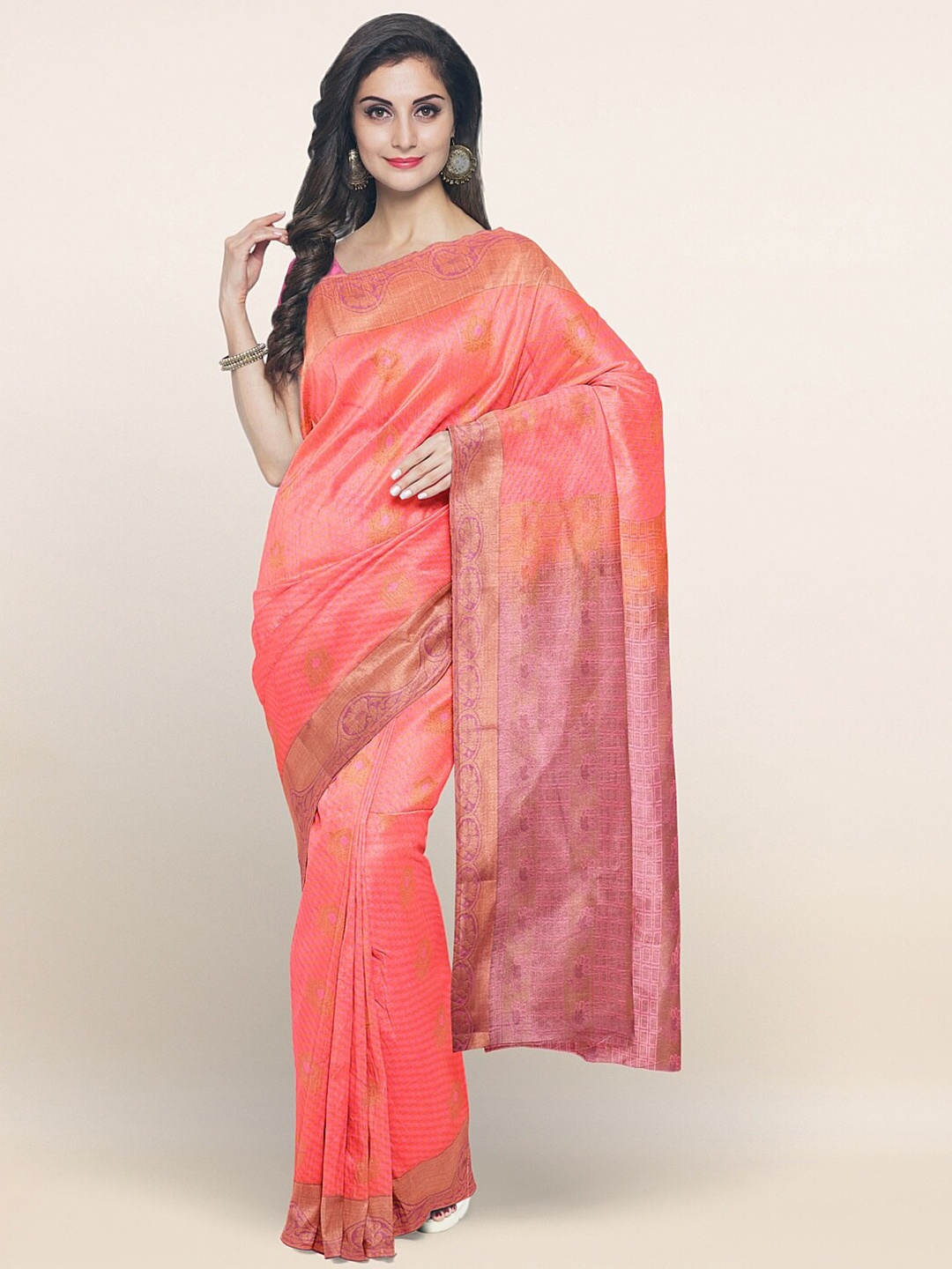 

Pothys Peach-Coloured & Copper-Toned Ethnic Motifs Art Silk Saree