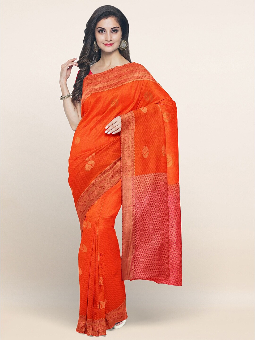 

Pothys Orange & Copper-Toned Ethnic Motifs Art Silk Saree
