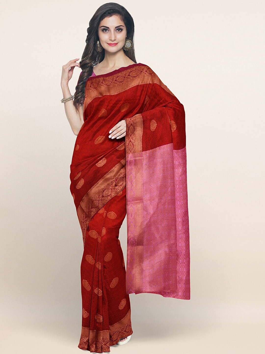 

Pothys Maroon & Gold-Toned Ethnic Motifs Zari Art Silk Saree