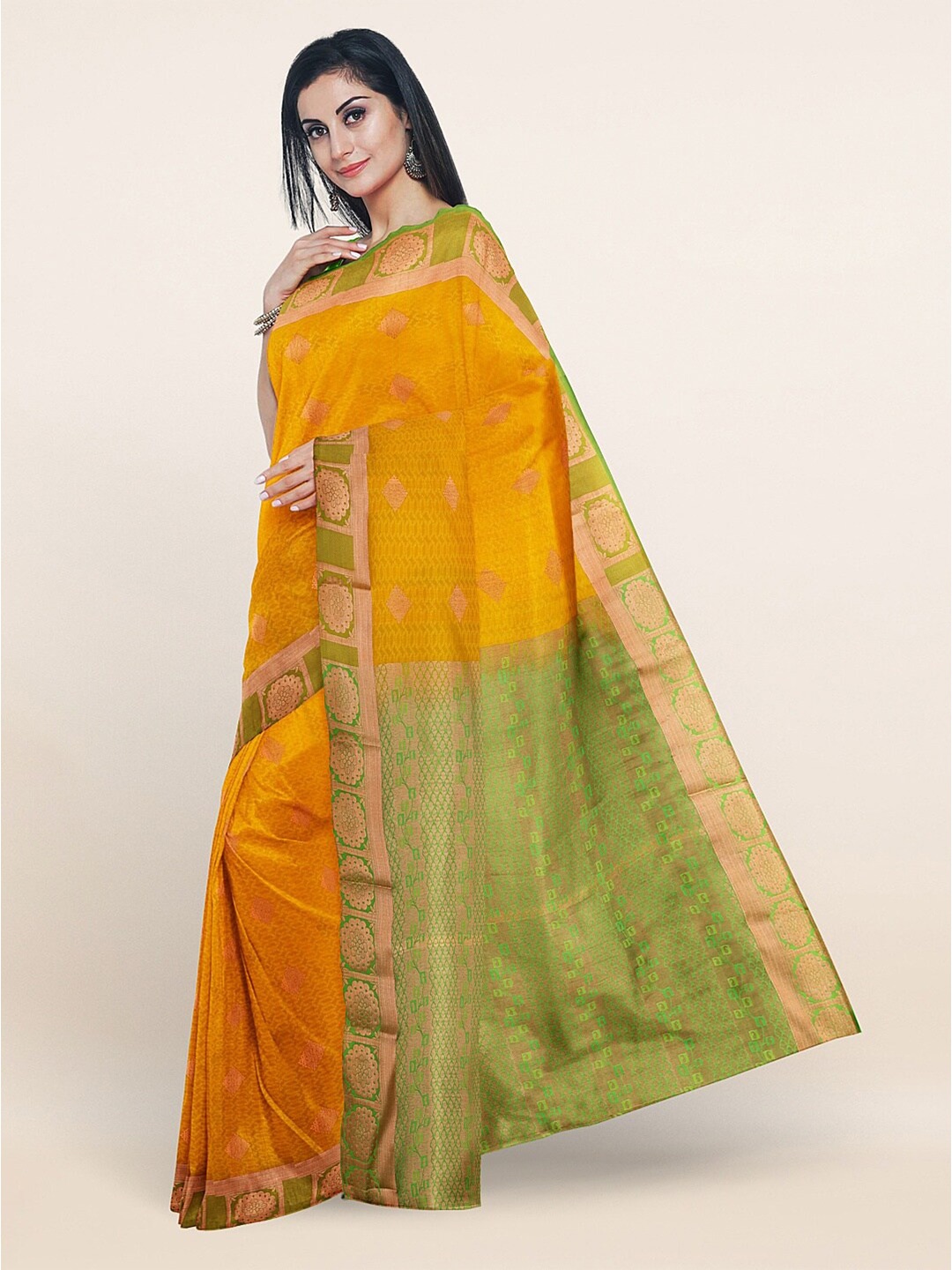 

Pothys Yellow & Green Gold-Toned Abstract Woven Design Saree