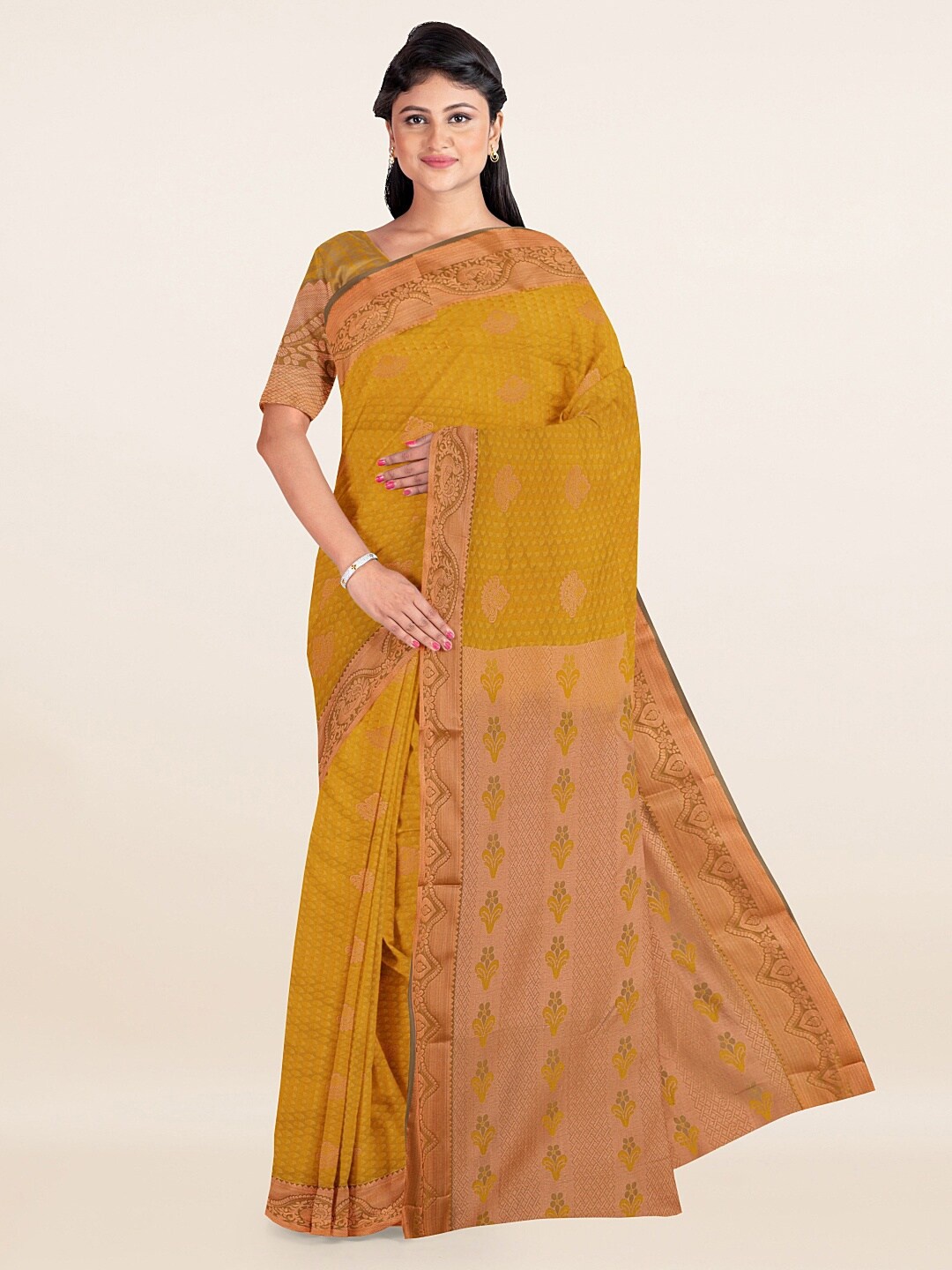 

Pothys Mustard & Gold-Toned Ethnic Motifs Art Silk Saree