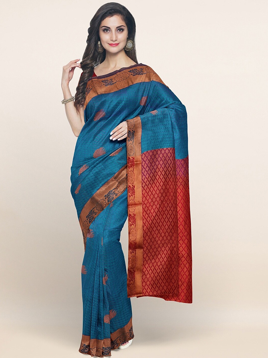 

Pothys Turquoise Blue & Copper-Toned Ethnic Motifs Zari Art Silk Saree