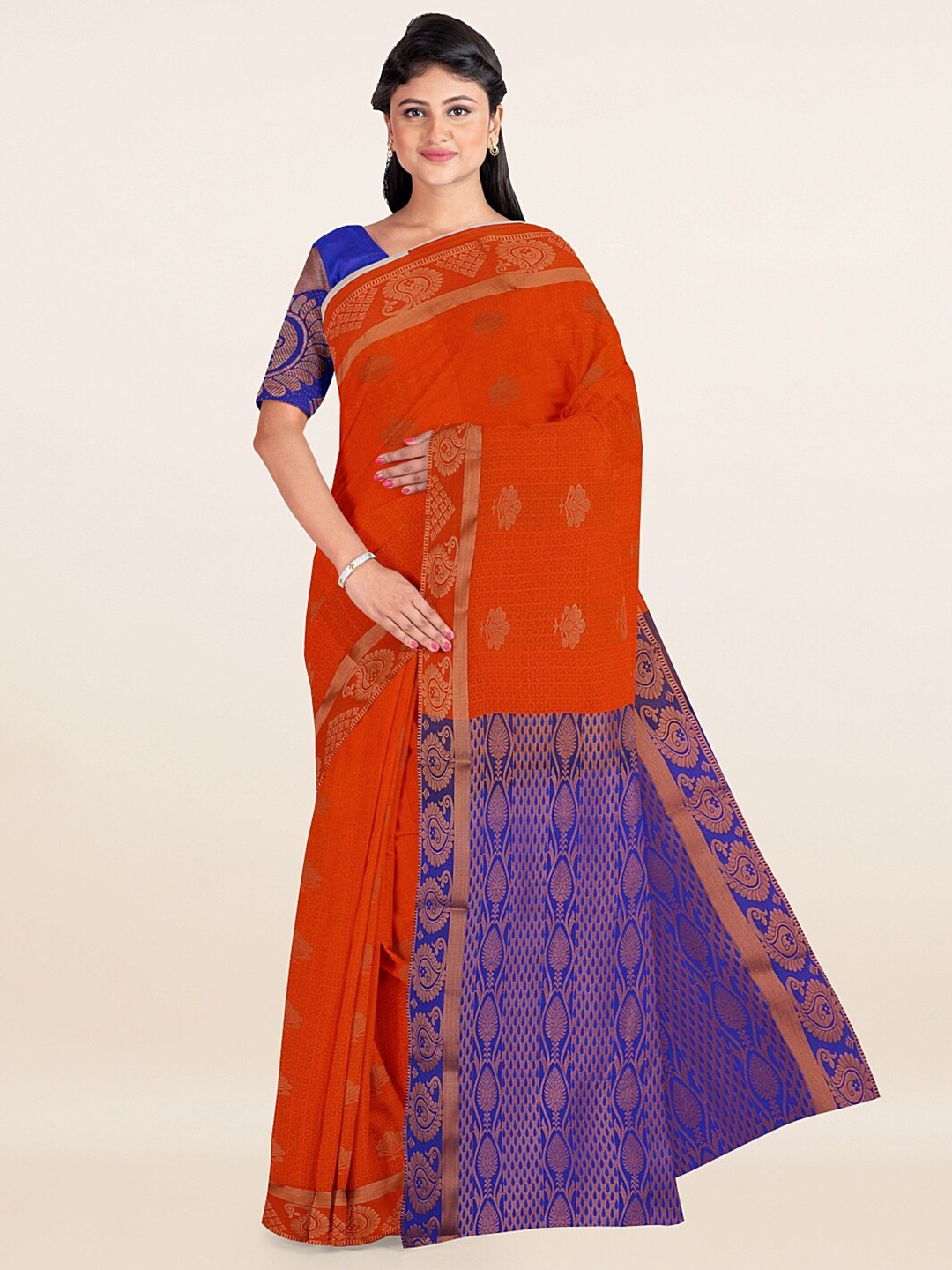 

Pothys Coral & Copper-Toned Ethnic Motifs Zari Art Silk Saree