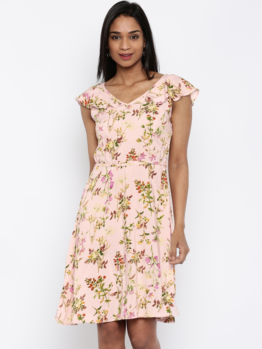 

109F Peach-Coloured Floral Print Fit & Flare Dress