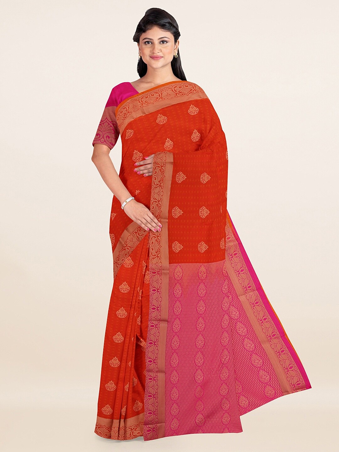 

Pothys Orange & Pink Ethnic Motifs Zari Art Silk Saree