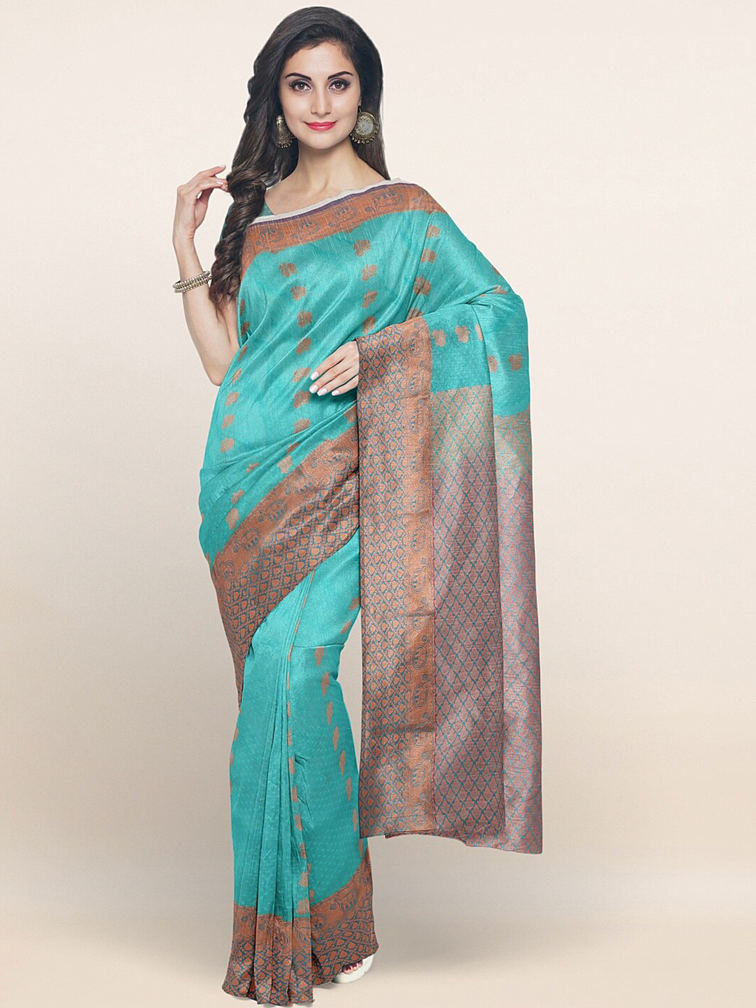 

Pothys Turquoise Blue & Copper Ethnic Motifs Art Silk Saree