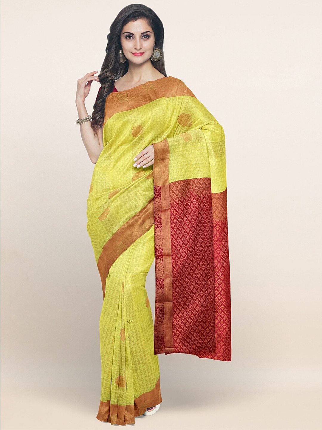 

Pothys Yellow & Gold-Toned Floral Zari Art Silk Saree