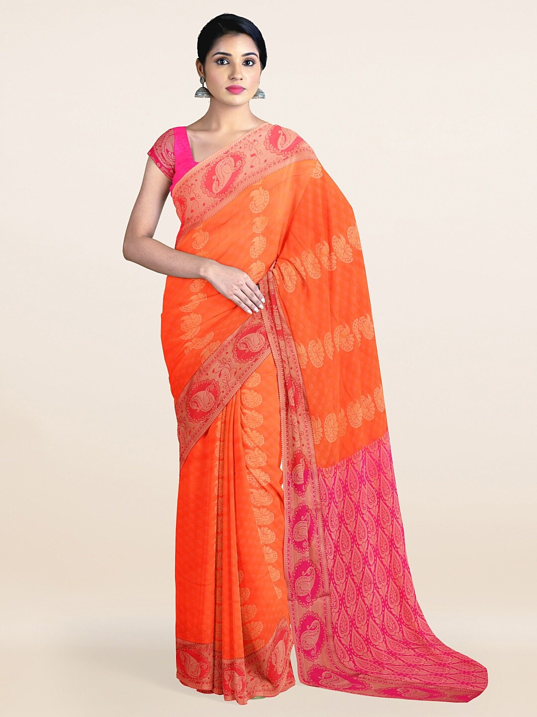 

Pothys Orange & Pink Ethnic Motifs Woven Design Saree