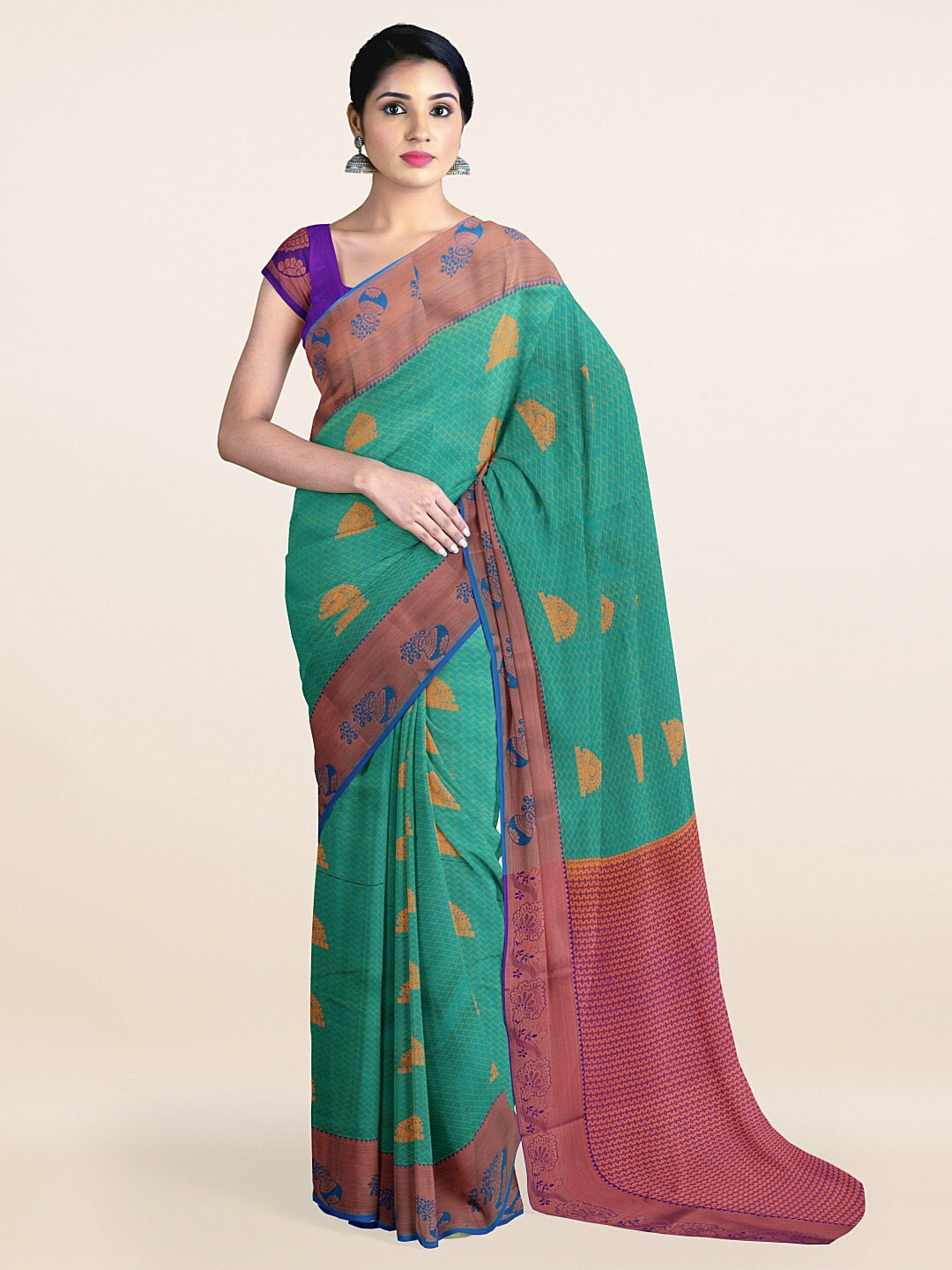 

Pothys Green & Blue Ethnic Motifs Zari Art Silk Saree