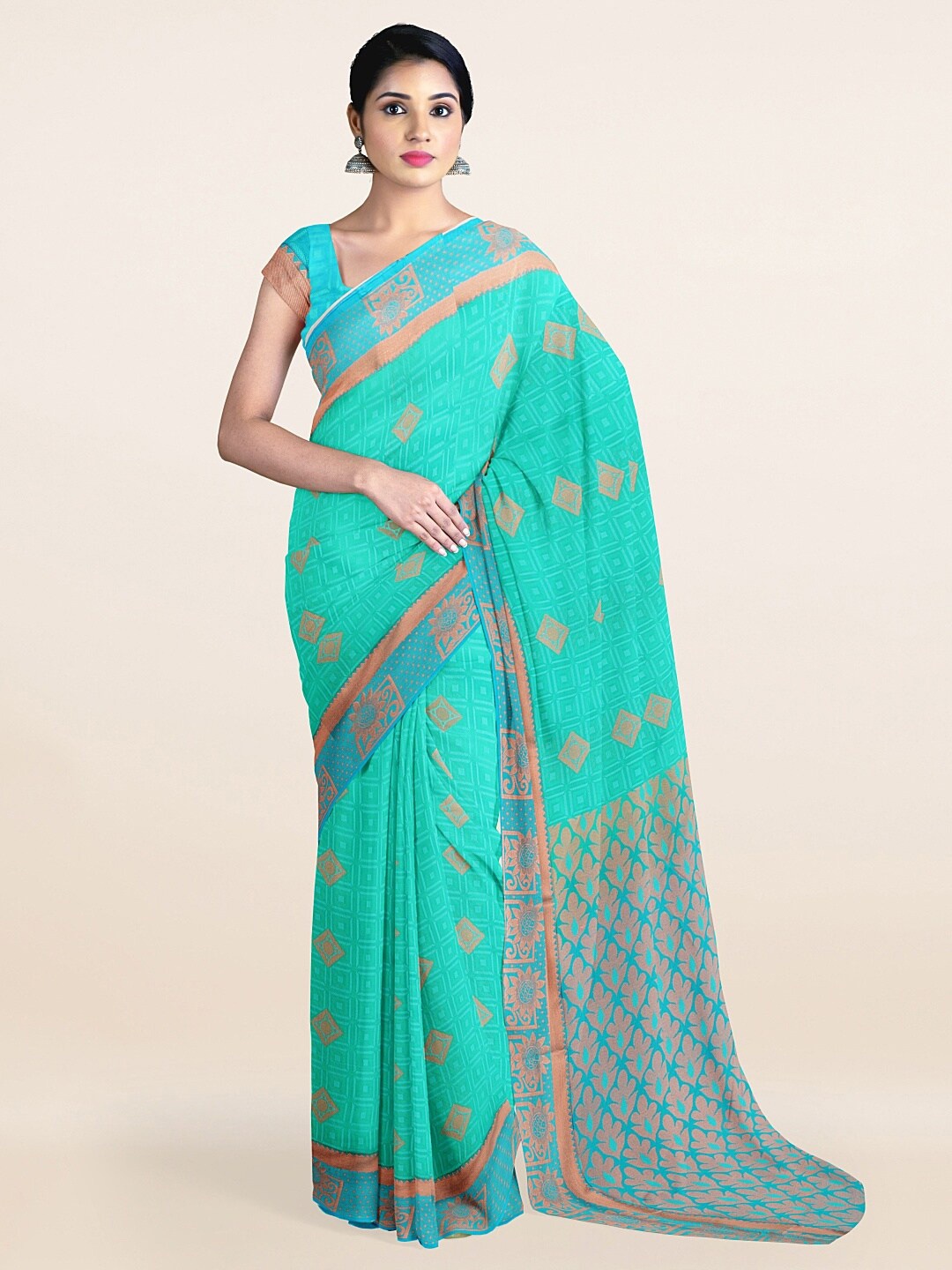 

Pothys Green & Copper-Toned Ethnic Motifs Zari Art Silk Saree