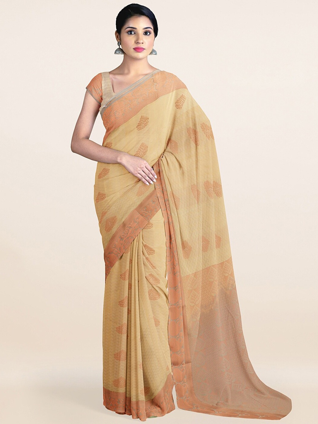 

Pothys Cream-Coloured & Golden Floral Zari Art Silk Saree