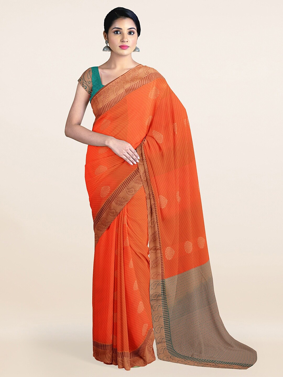 

Pothys Orange & Green Ethnic Motifs Zari Art Silk Saree