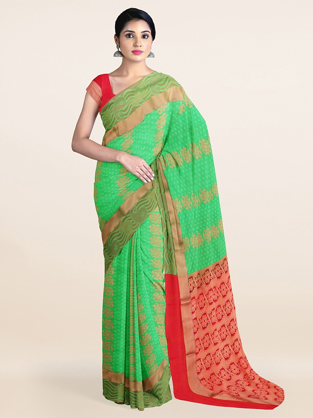 

Pothys Green & Red Gold-Toned Ethnic Motifs Woven Design Saree