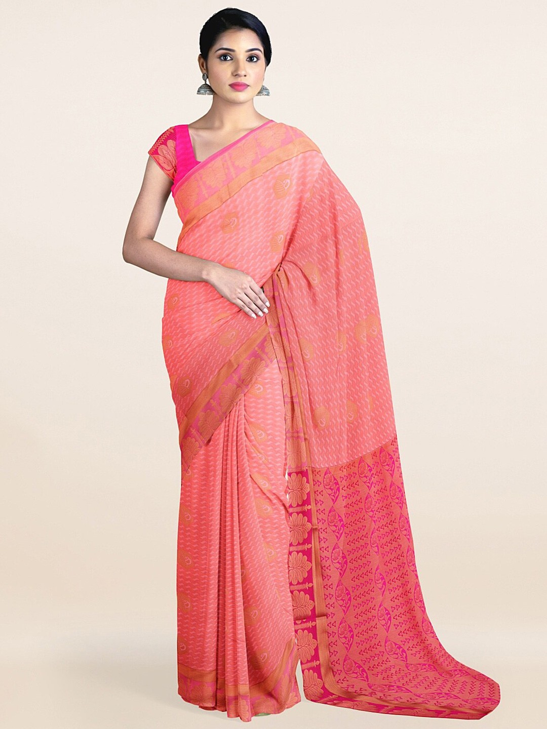 

Pothys Pink & Gold-Toned Ethnic Motifs Zari Art Silk Saree