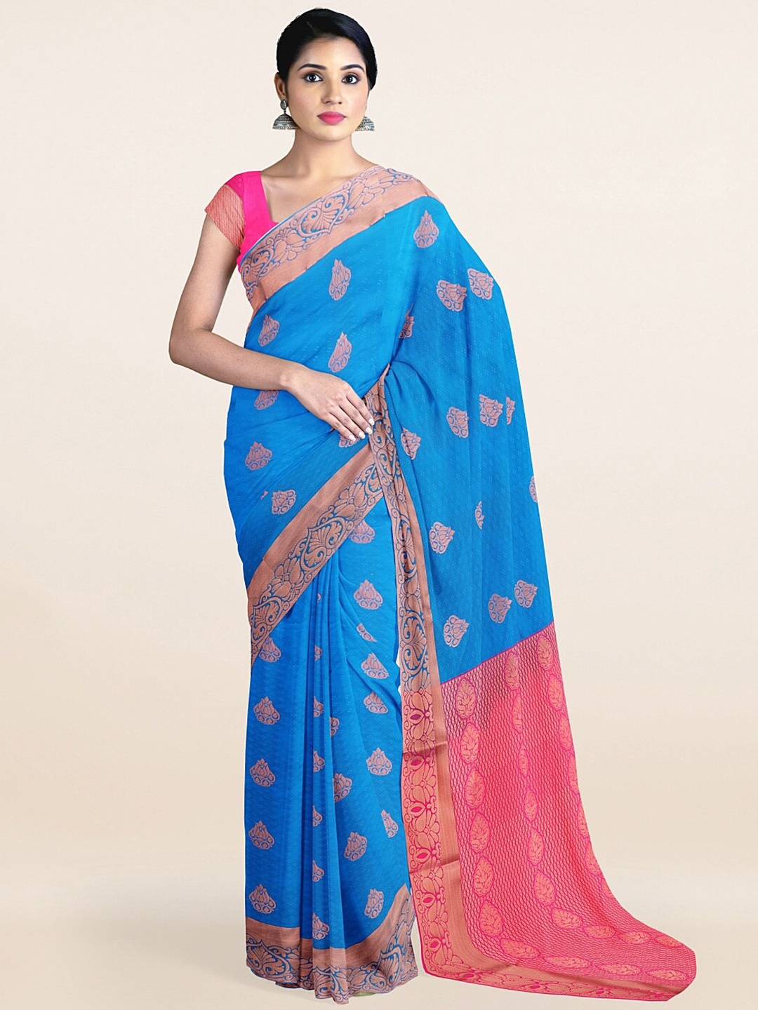 

Pothys Blue & Copper Ethnic Motifs Art Silk Saree