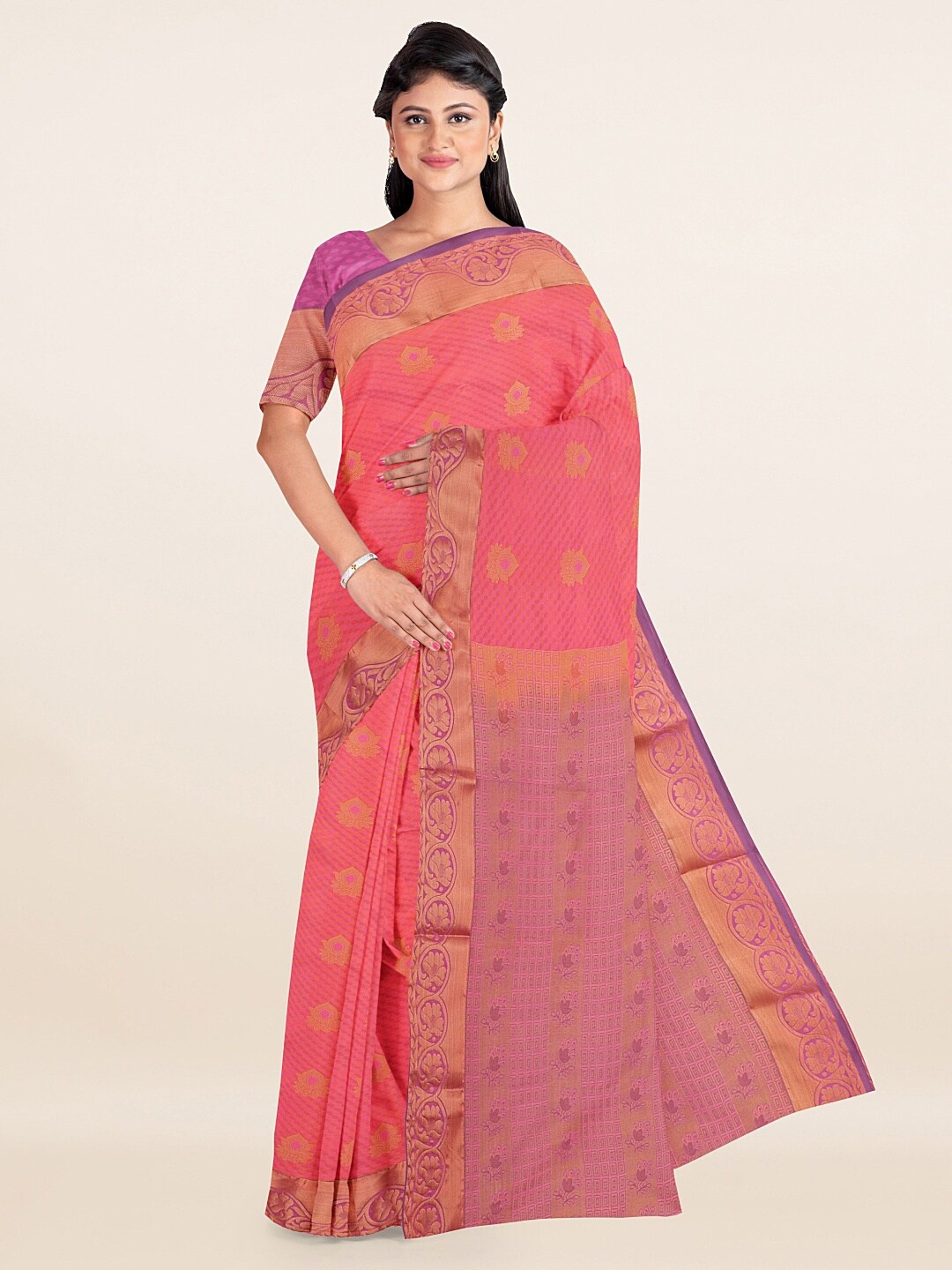 

Pothys Pink & Golden Ethnic Motifs Zari Art Silk Saree