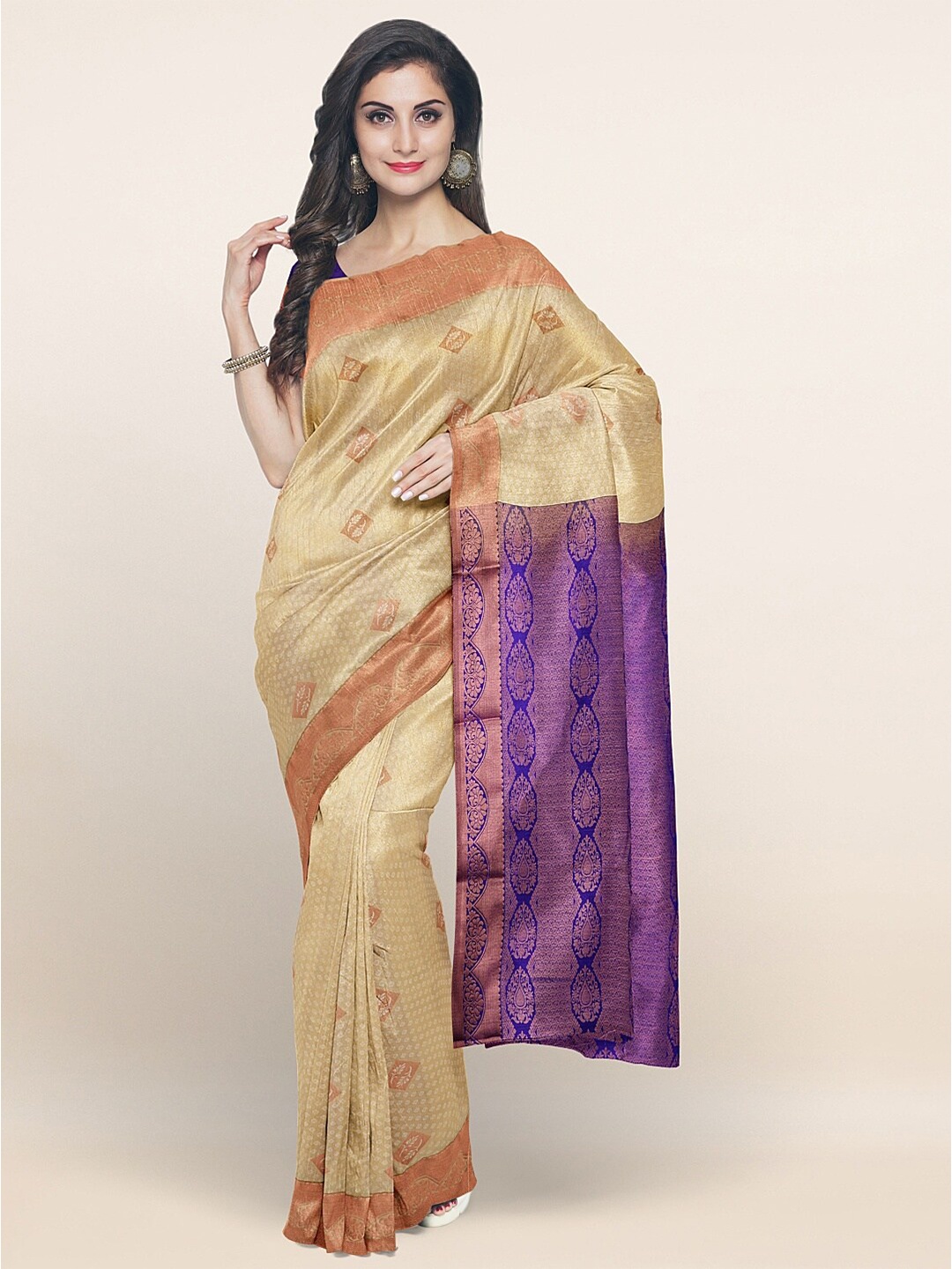 

Pothys Cream-Coloured & Violet Floral Zari Art Silk Saree