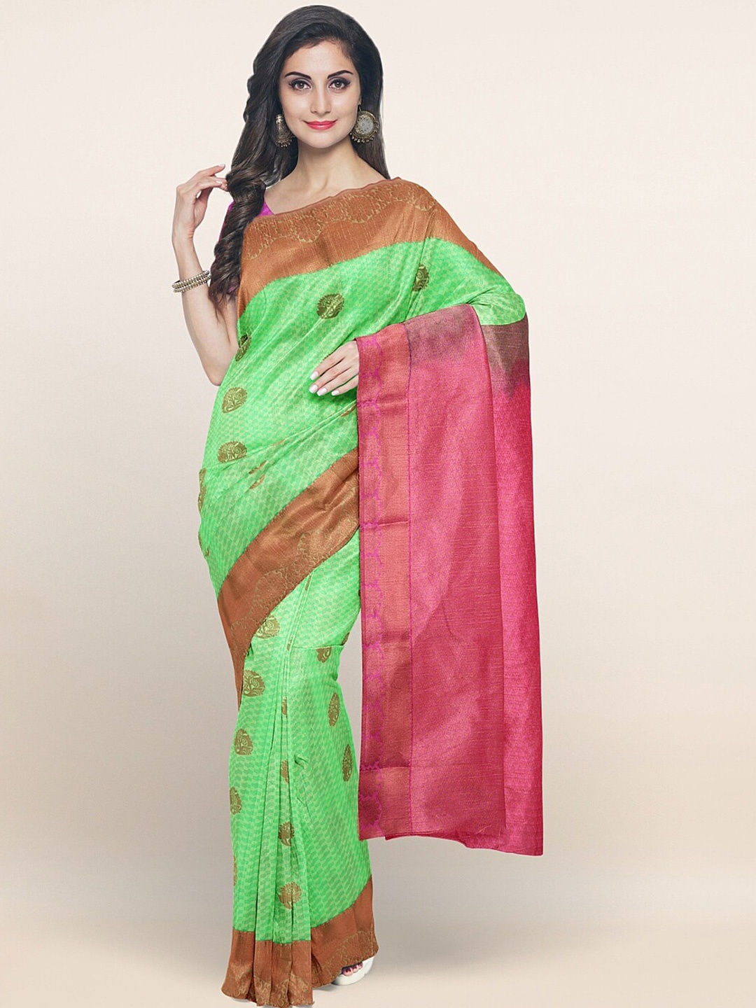 

Pothys Green & Pink Ethnic Motifs Woven Design Saree
