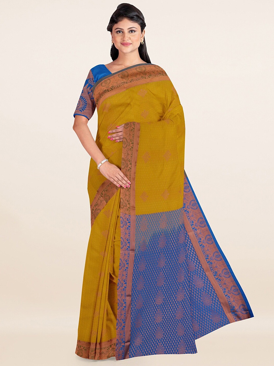 

Pothys Mustard & Blue Woven Design Zari Art Silk Saree