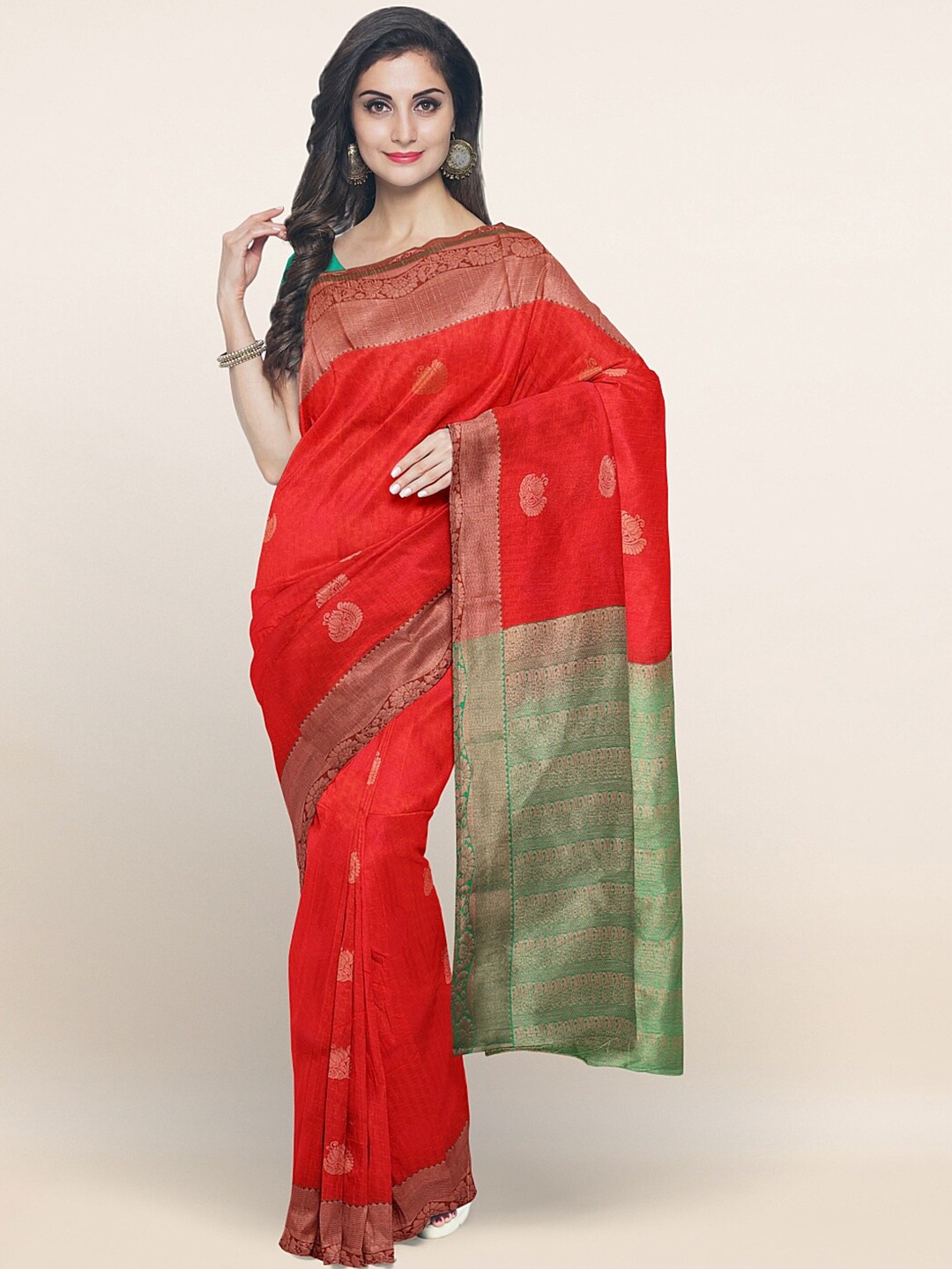 

Pothys Red & Green Gold-Toned Floral Woven Design Saree