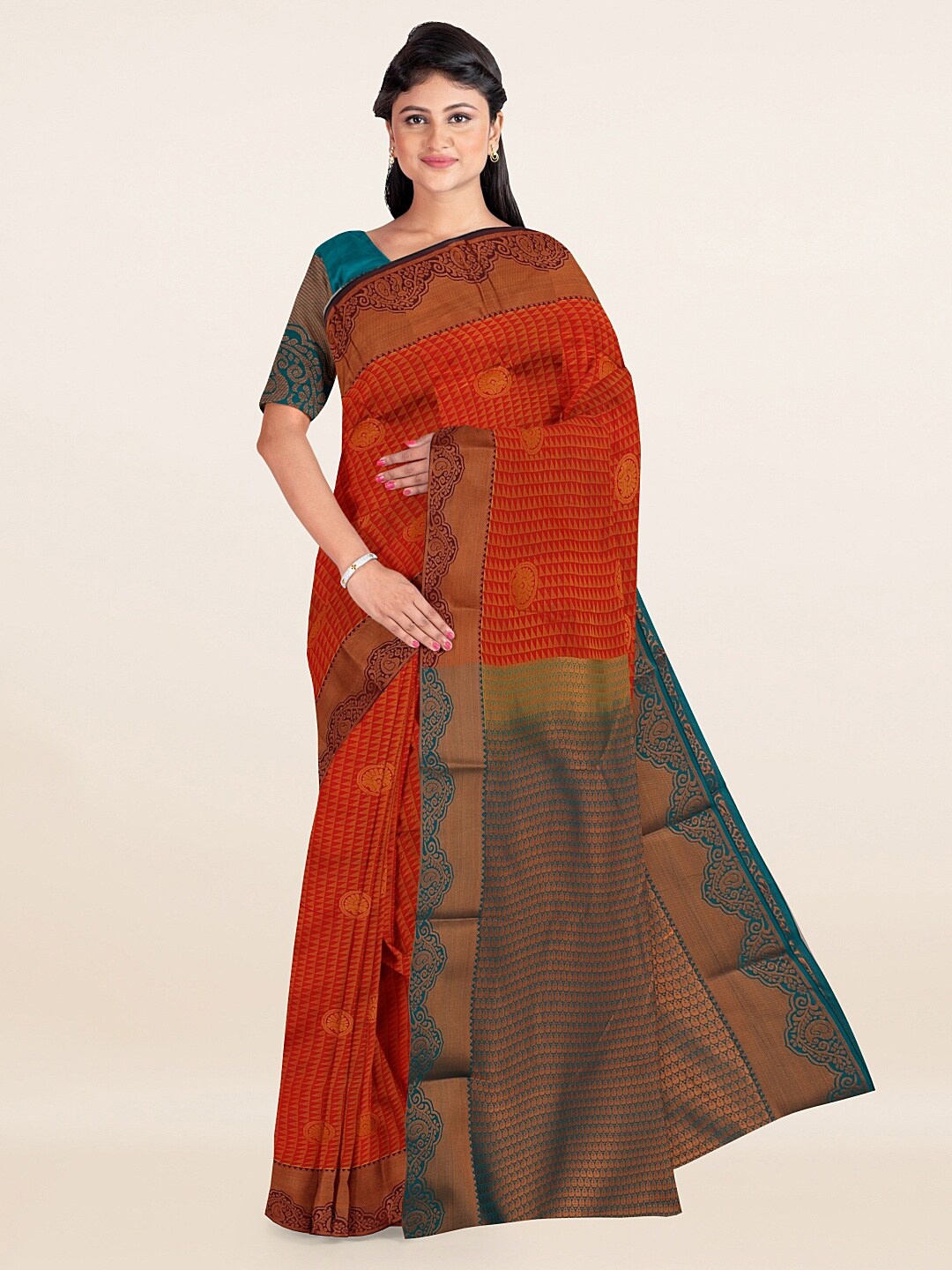 

Pothys Red & Teal Ethnic Motifs Zari Art Silk Saree
