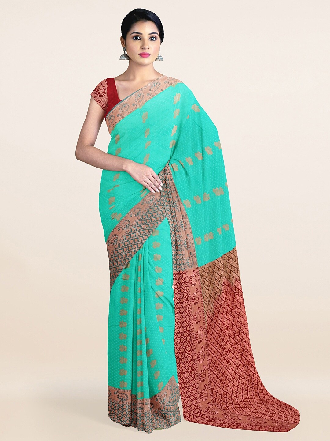 

Pothys Sea Green & Red Ethnic Motifs Zari Art Silk Saree