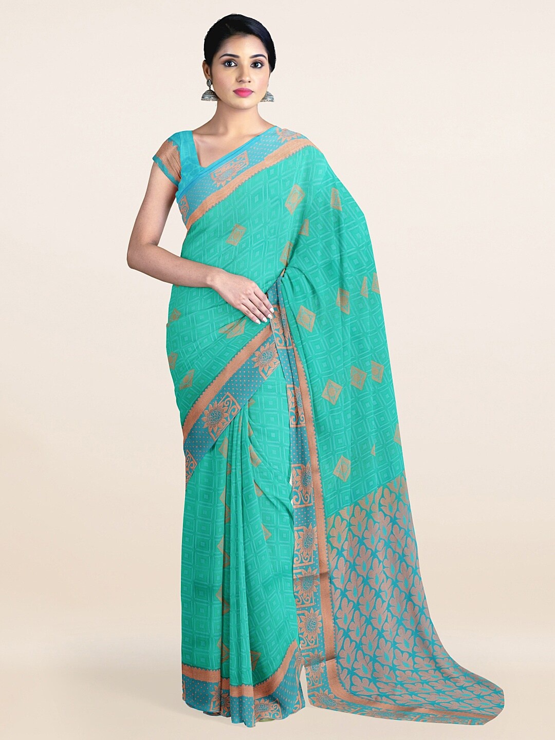 

Pothys Green & Copper-Toned Ethnic Motifs Art Silk Saree