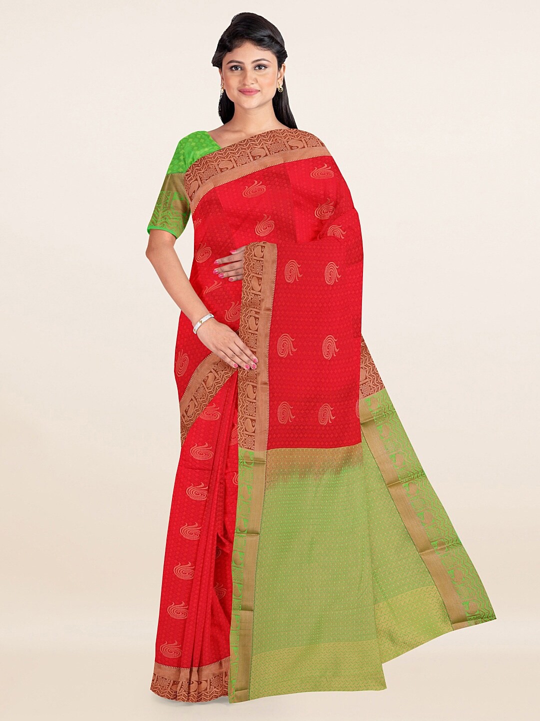 

Pothys Red & Green Ethnic Motifs Zari Art Silk Saree