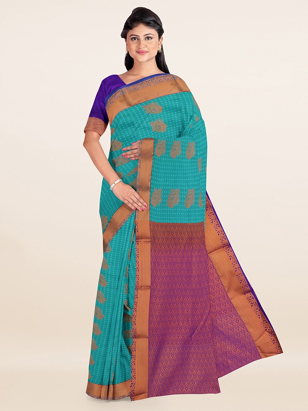 

Pothys Blue & Copper-Toned Ethnic Motifs Woven Design Saree