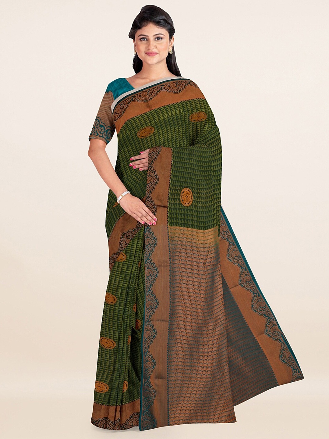 

Pothys Green & Gold-Toned Ethnic Motifs Zari Art Silk Saree