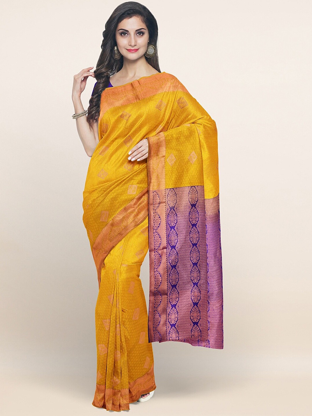 

Pothys Yellow & Blue Copper-Toned Ethnic Motifs Woven Design Saree