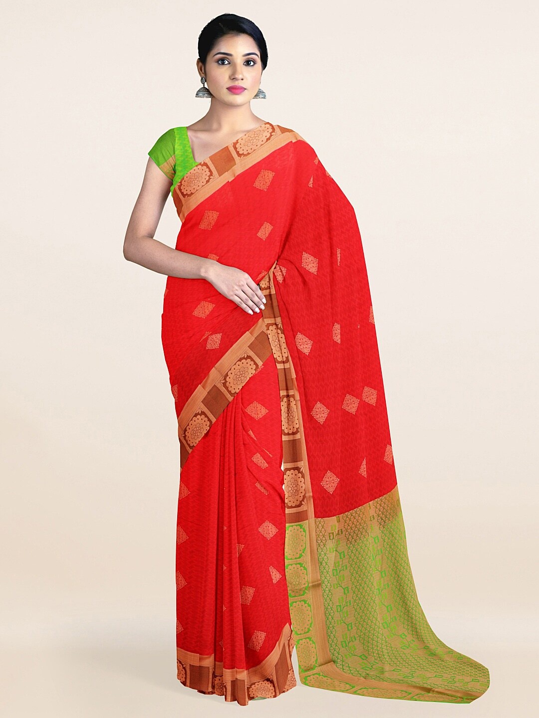 

Pothys Red & Copper-Toned Ethnic Motifs Art Silk Saree