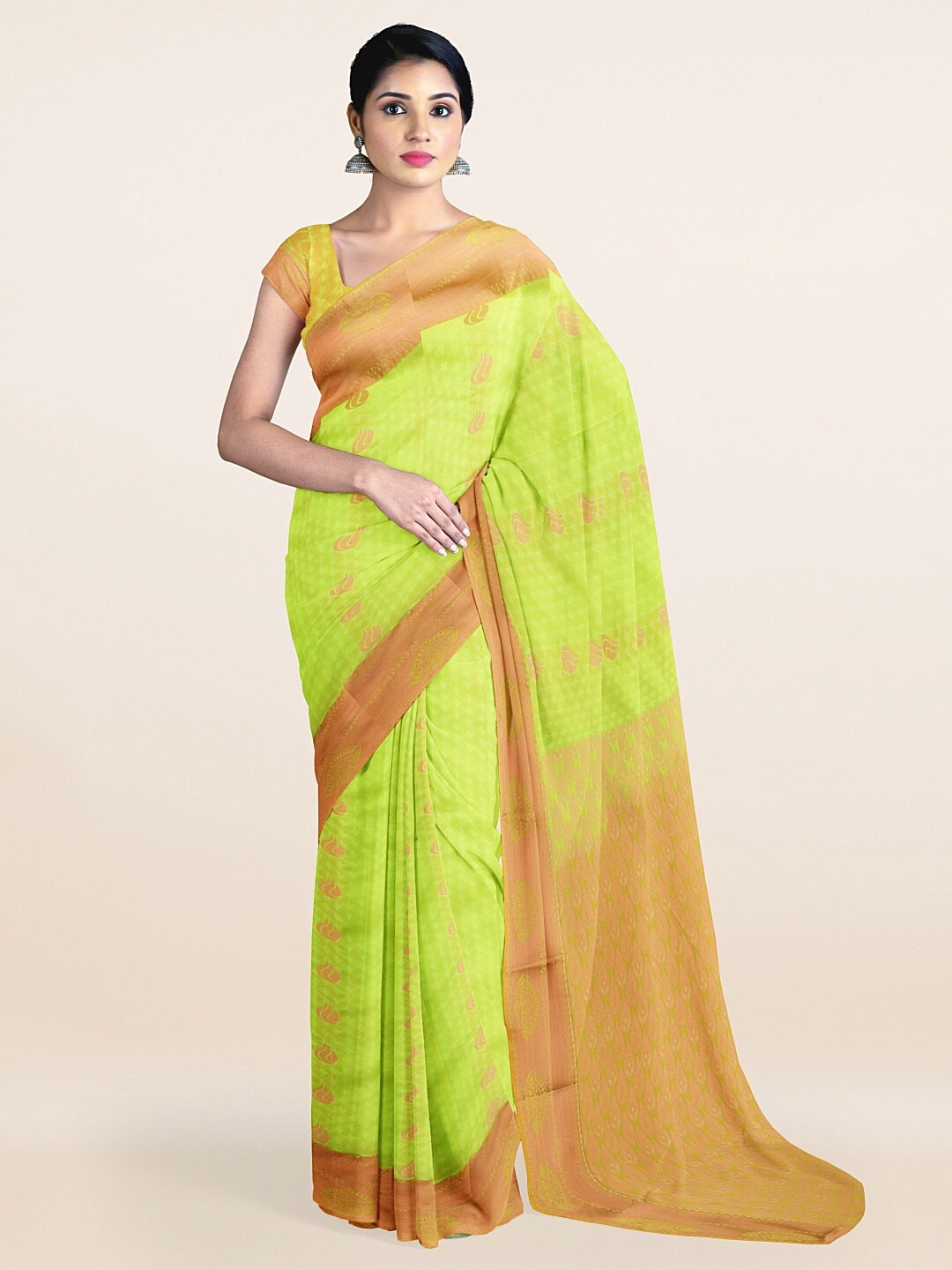 

Pothys Lime Green & Copper-Toned Ethnic Motifs Zari Art Silk Saree