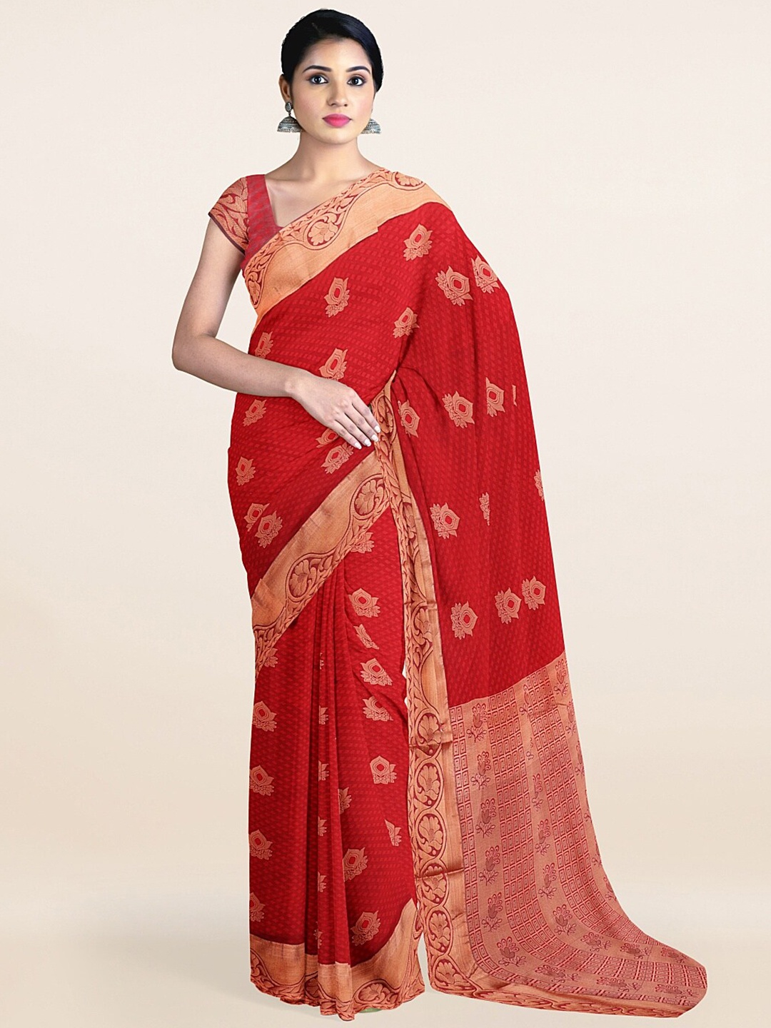 

Pothys Maroon & Copper-Toned Ethnic Motifs Woven Design Saree