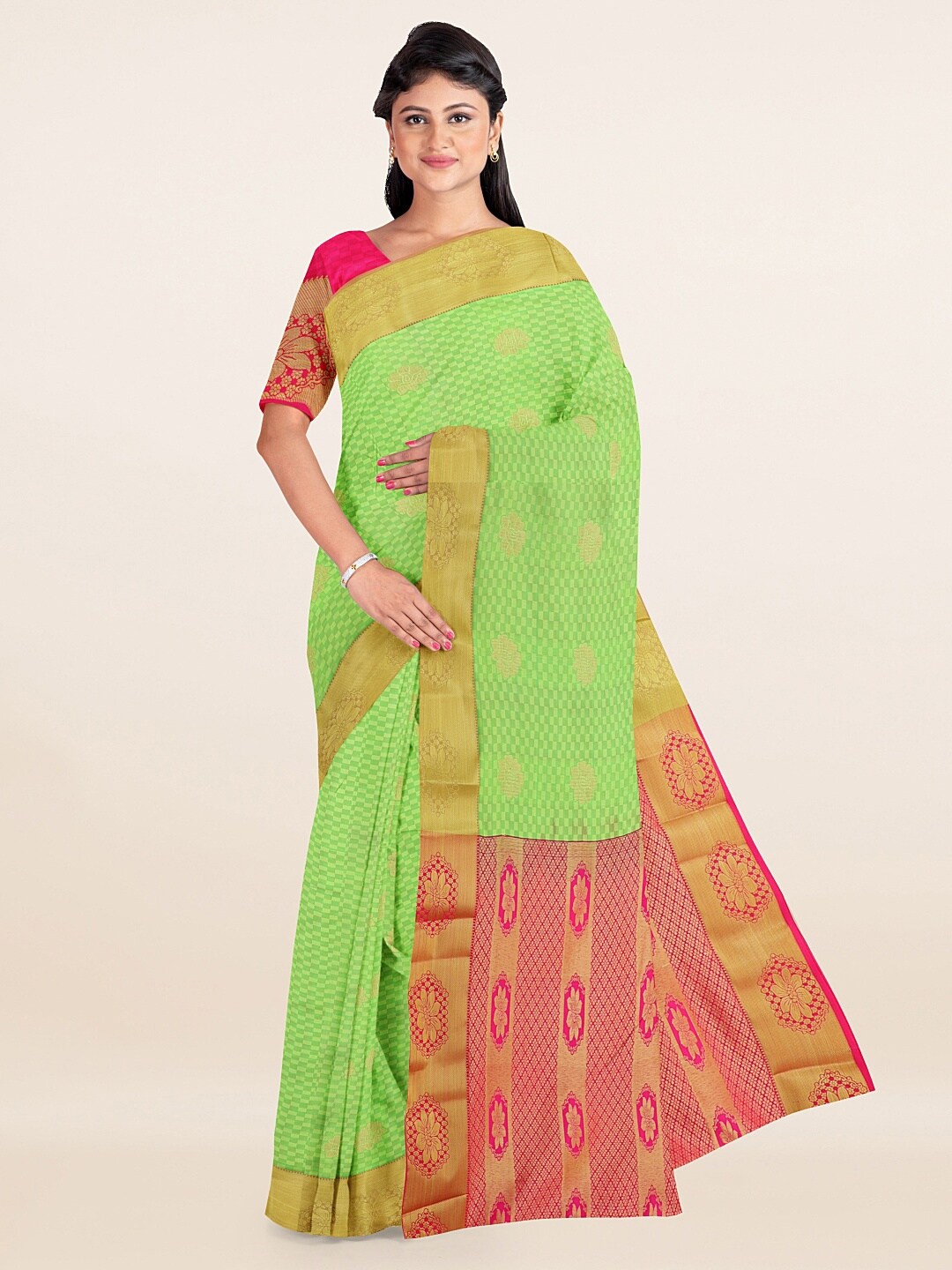 

Pothys Green & Copper-Toned Ethnic Motifs Art Silk Saree