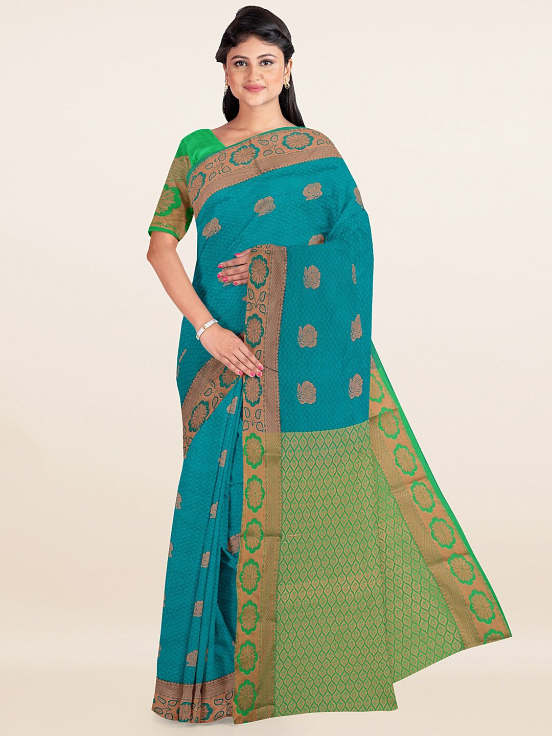 

Pothys Blue & Copper-Toned Ethnic Motifs Zari Art Silk Saree