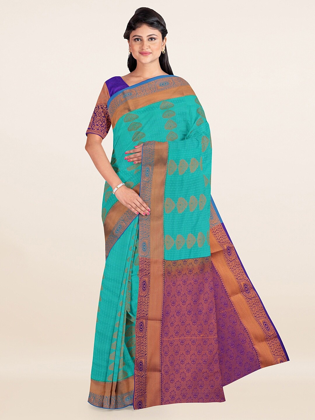 

Pothys Blue & Copper Ethnic Motifs Zari Art Silk Saree