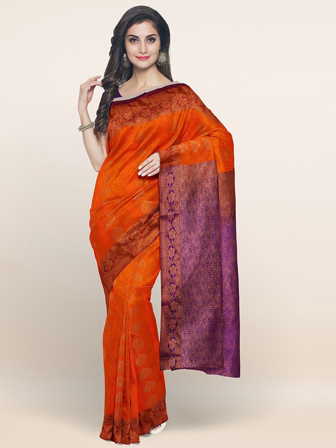 

Pothys Orange & Purple Ethnic Motifs Zari Art Silk Saree
