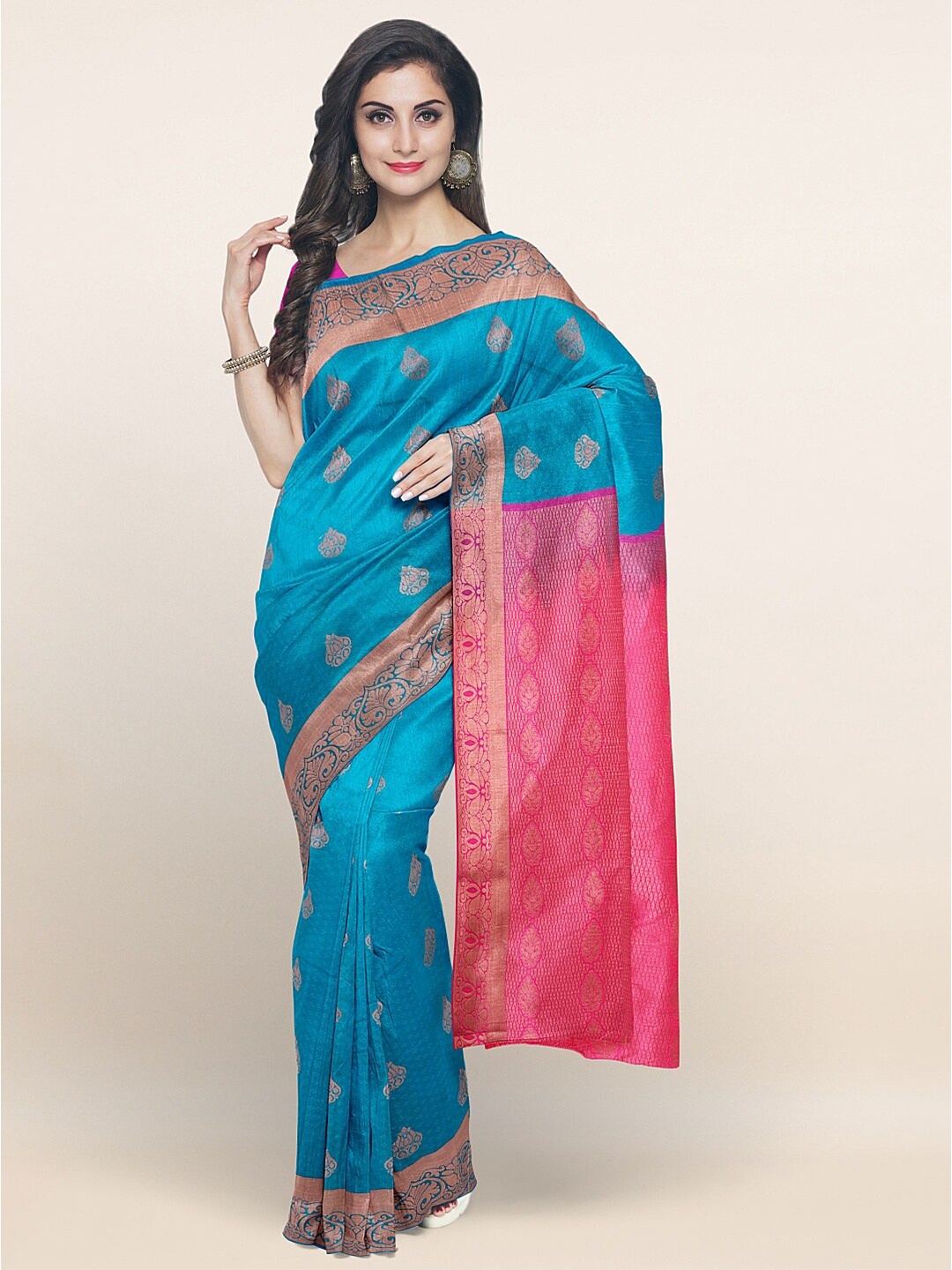 

Pothys Blue & Pink Floral Zari Art Silk Saree
