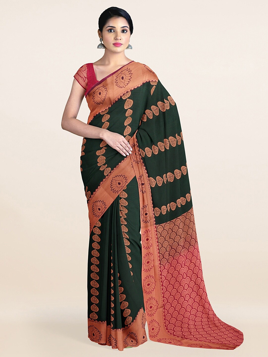 

Pothys Green & Copper-Toned Ethnic Motifs Art Silk Saree