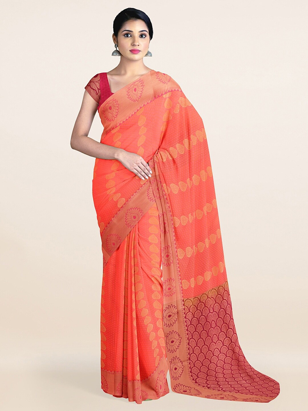 

Pothys Coral & Maroon Woven Design Art Silk Saree