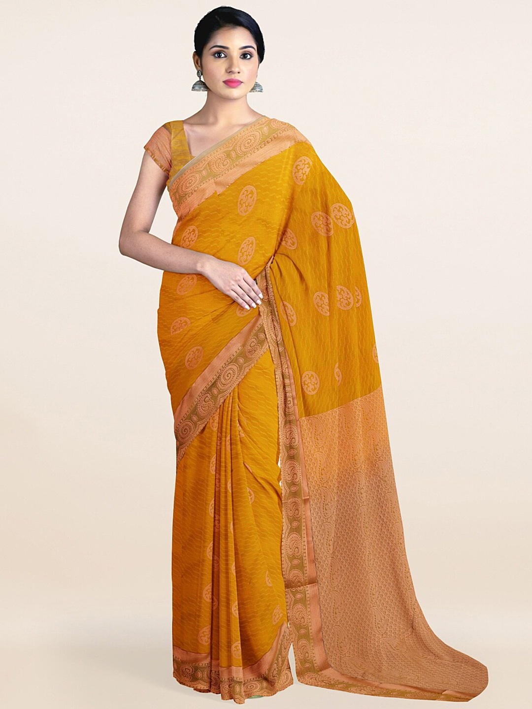 

Pothys Mustard & Gold-Toned Ethnic Motifs Zari Art Silk Saree